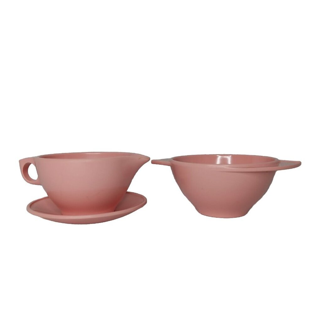 Vintage Boonton Ware Melamine Sugar Bowl Creamer Saucer Set Pink USA Coffee